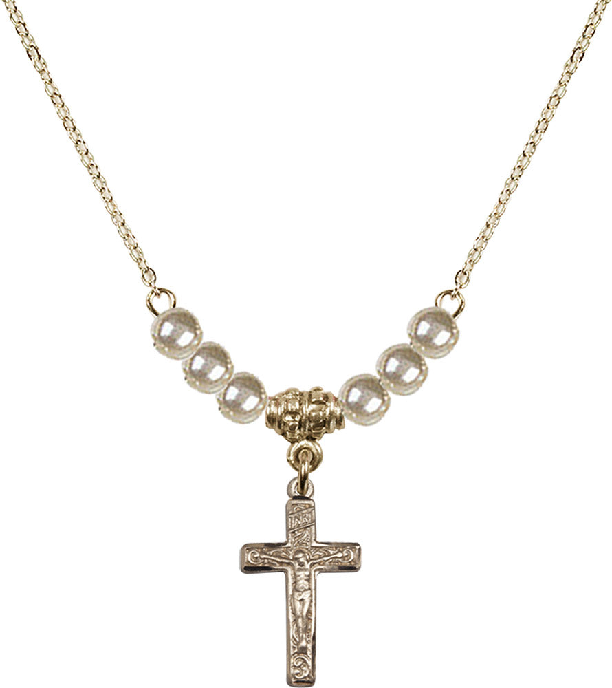 14kt Gold Filled Crucifix Birthstone Necklace with Faux-Pearl Beads - 0672