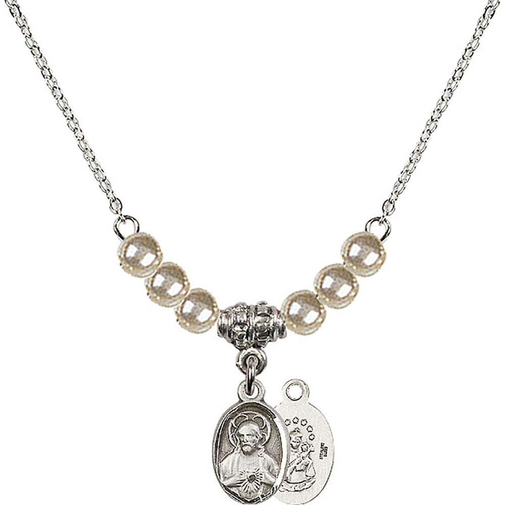 Sterling Silver Scapular Birthstone Necklace with Faux-Pearl Beads - 0702