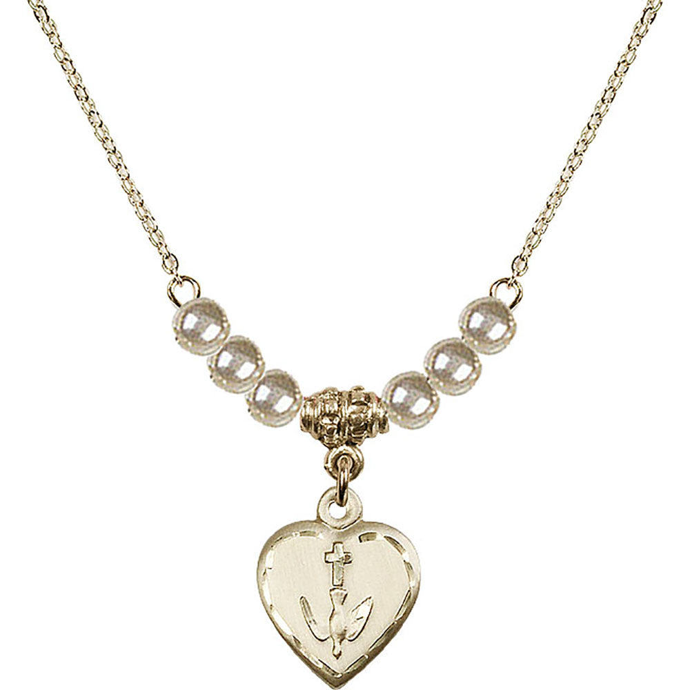 14kt Gold Filled Heart / Confirmation Birthstone Necklace with Faux-Pearl Beads - 0891