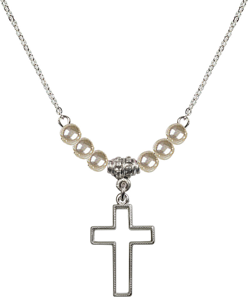 Sterling Silver Cross Birthstone Necklace with Faux-Pearl Beads - 1708