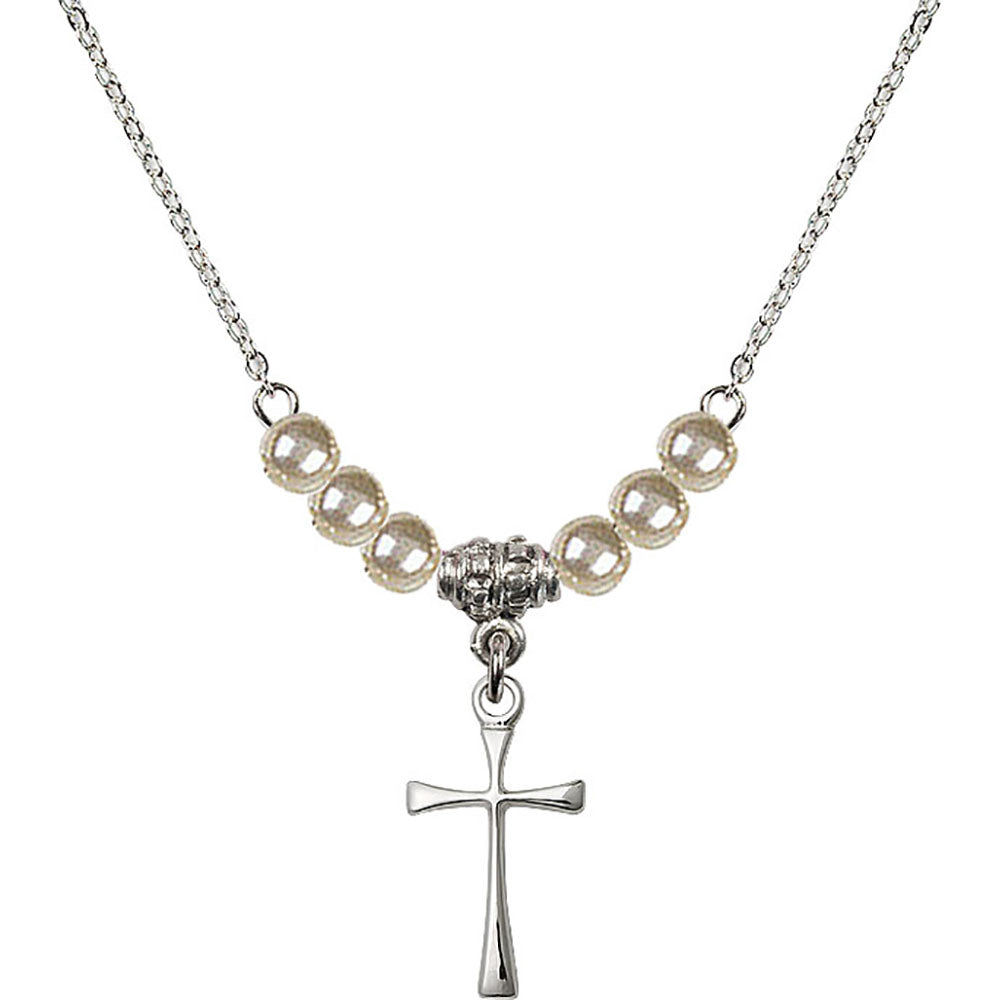 Sterling Silver Maltese Cross Birthstone Necklace with Faux-Pearl Beads - 1872