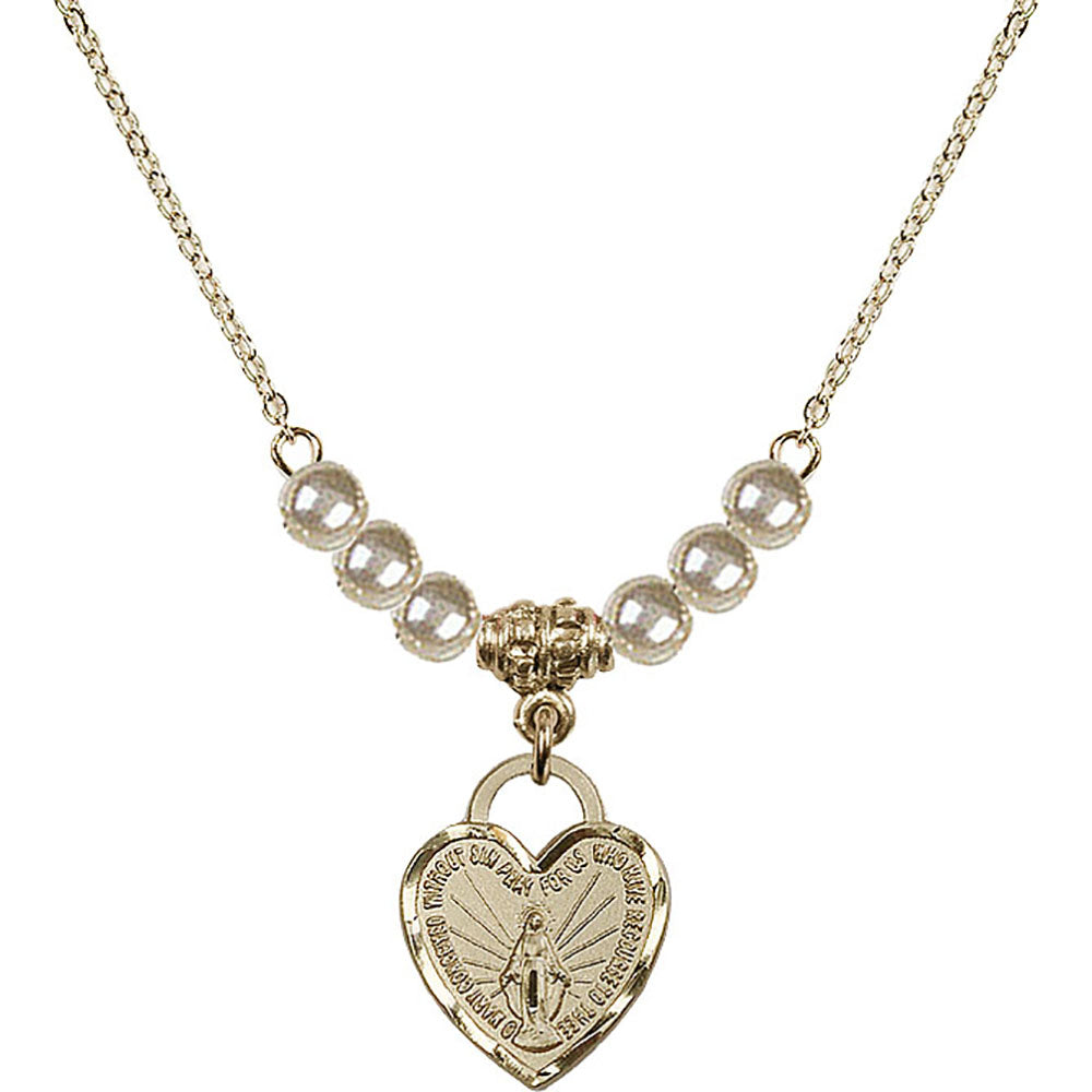 14kt Gold Filled Miraculous Heart Birthstone Necklace with Faux-Pearl Beads - 3401