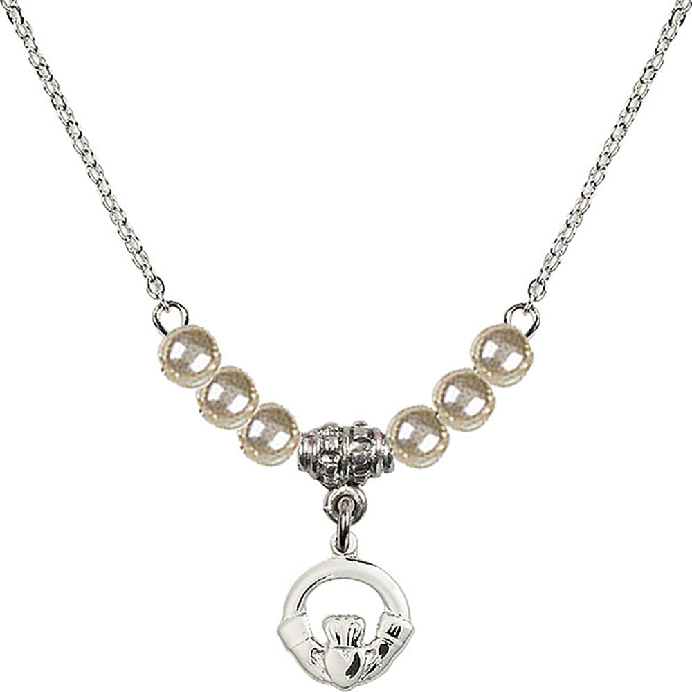 Sterling Silver Claddagh Birthstone Necklace with Faux-Pearl Beads - 4113