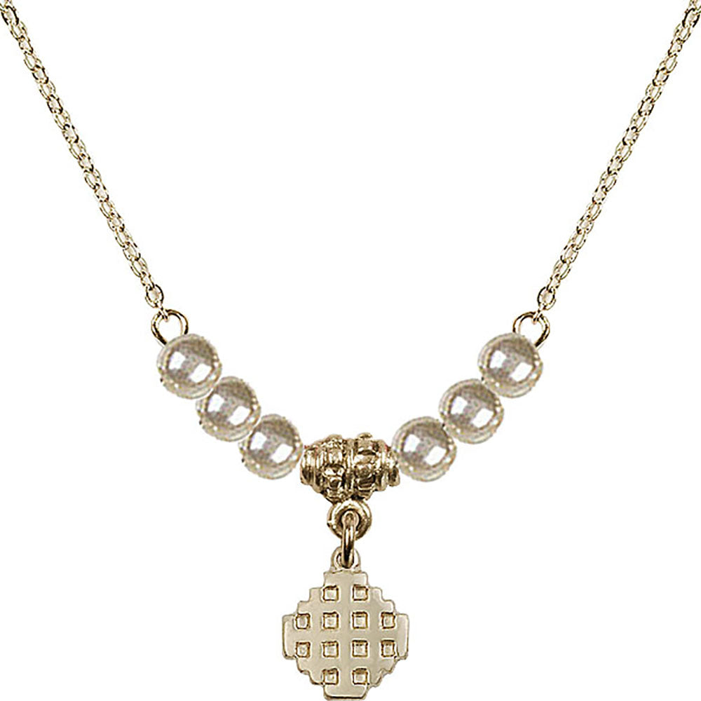 14kt Gold Filled Jerusalem Cross Birthstone Necklace with Faux-Pearl Beads - 4118