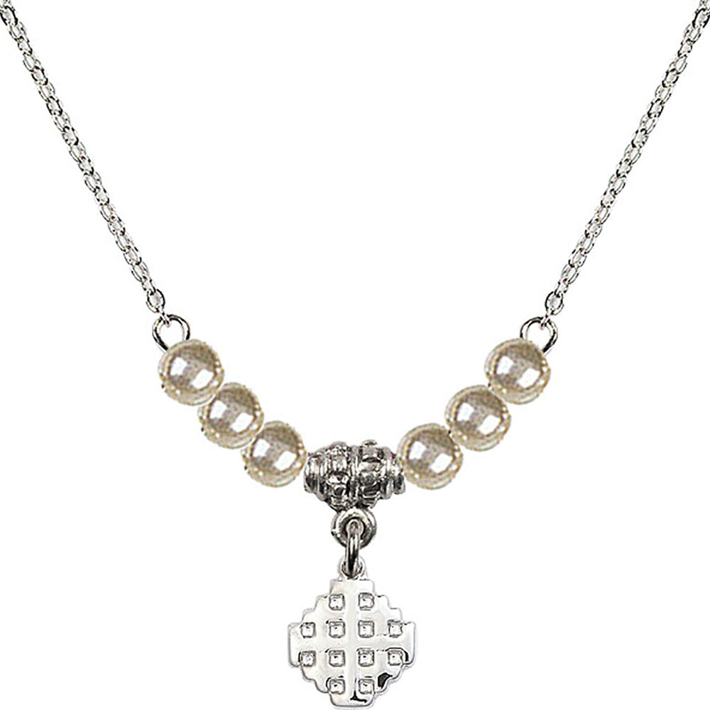 Sterling Silver Jerusalem Cross Birthstone Necklace with Faux-Pearl Beads - 4118
