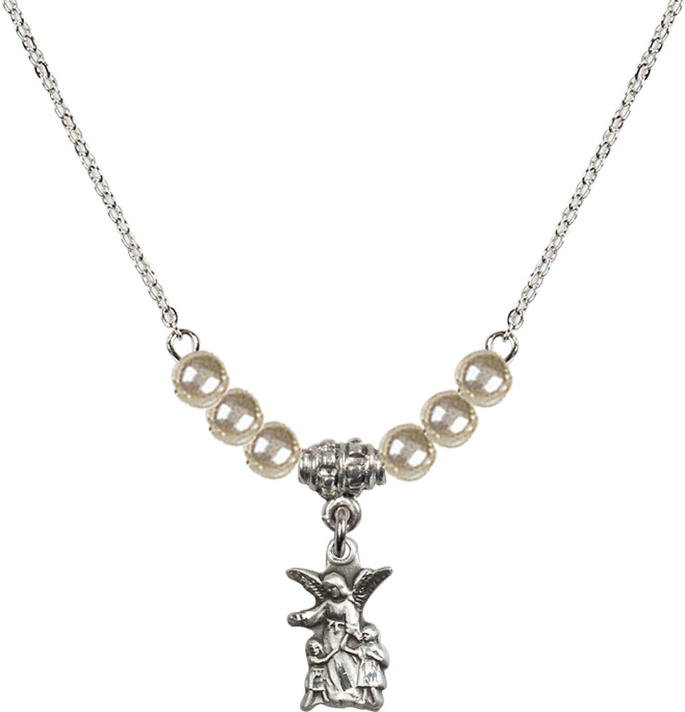 Sterling Silver Guardian Angel Birthstone Necklace with Faux-Pearl Beads - 4253