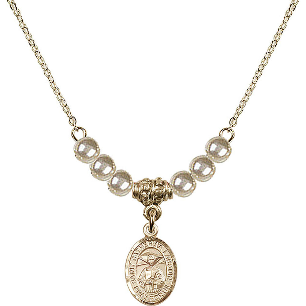14kt Gold Filled Saint Catherine Laboure Birthstone Necklace with Faux-Pearl Beads - 9021