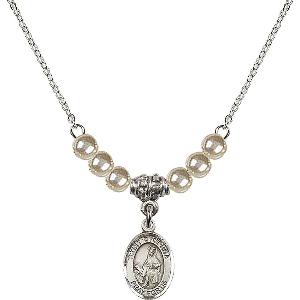 Sterling Silver Saint Dymphna Birthstone Necklace with Faux-Pearl Beads - 9032