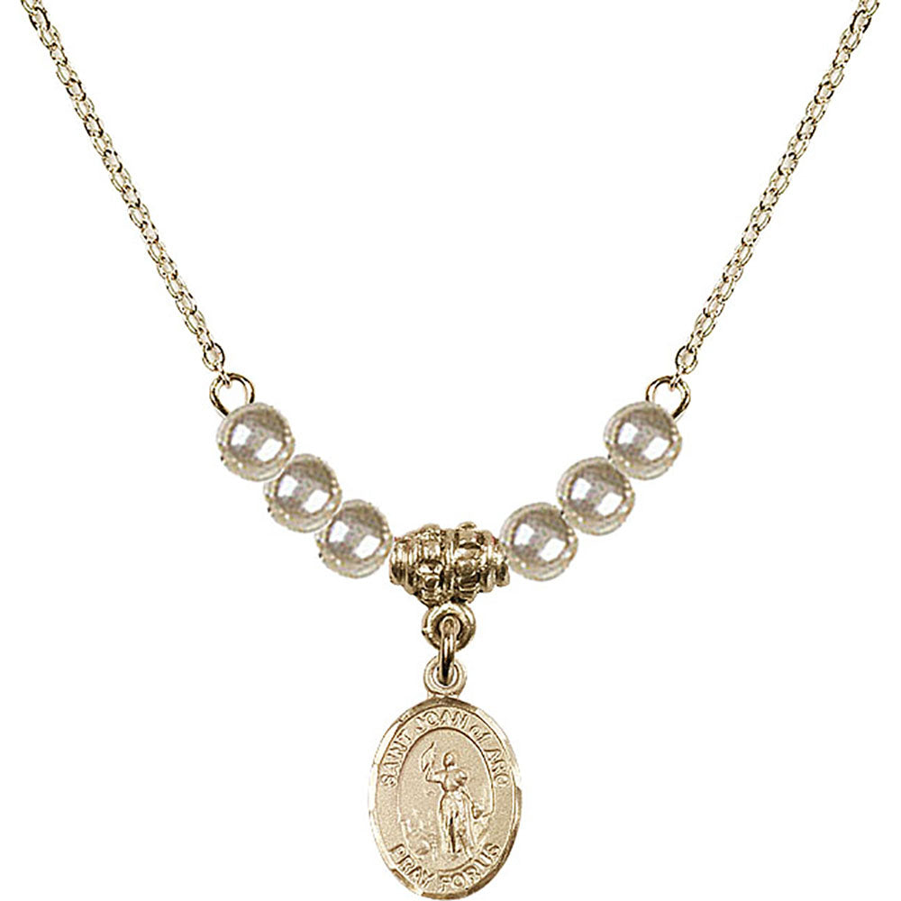 14kt Gold Filled Saint Joan of Arc Birthstone Necklace with Faux-Pearl Beads - 9053