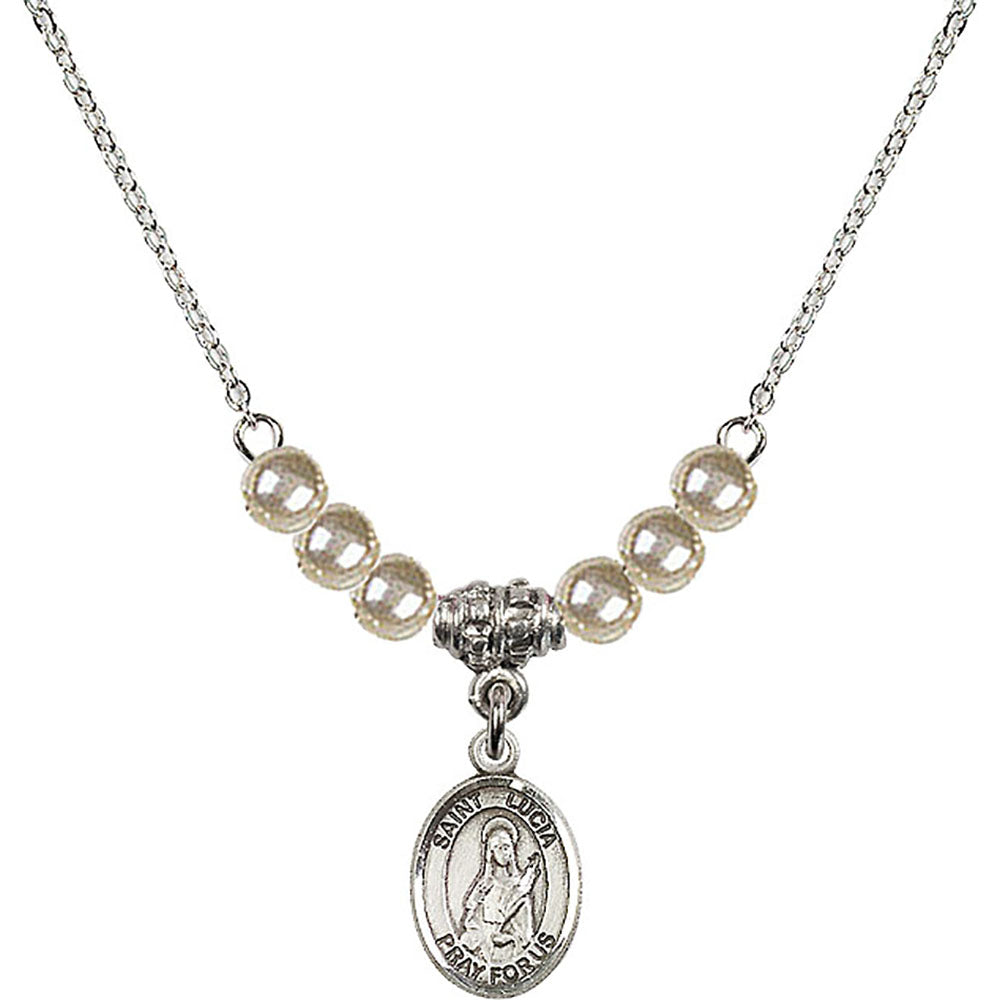 Sterling Silver Saint Lucia of Syracuse Birthstone Necklace with Faux-Pearl Beads - 9065