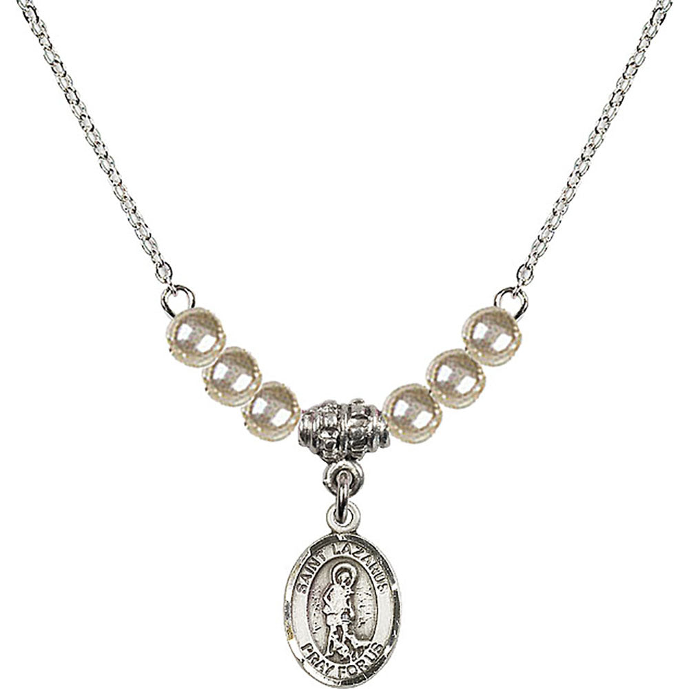 Sterling Silver Saint Lazarus Birthstone Necklace with Faux-Pearl Beads - 9066