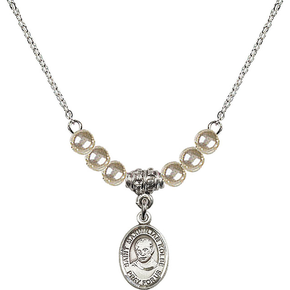 Sterling Silver Saint Maximilian Kolbe Birthstone Necklace with Faux-Pearl Beads - 9073
