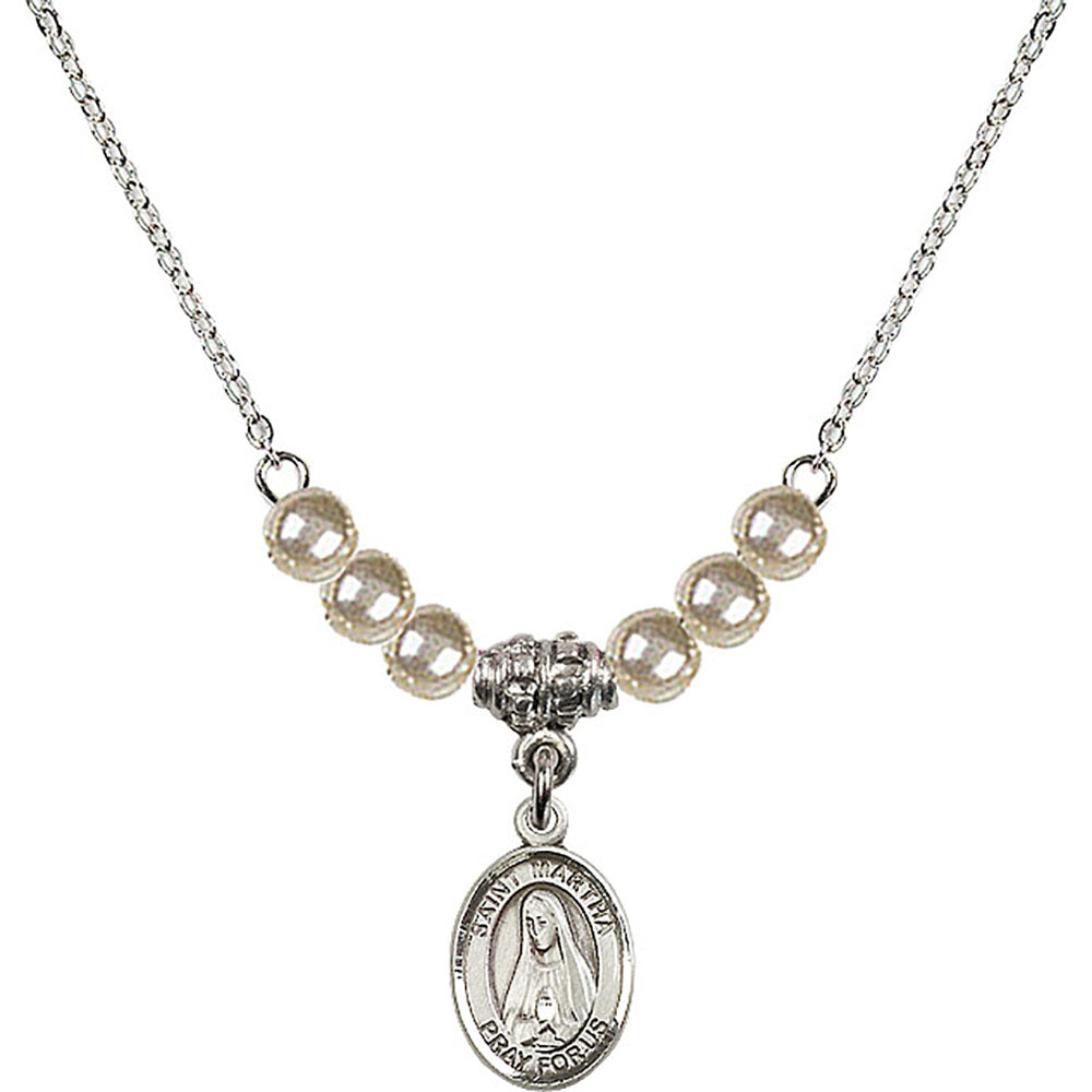 Sterling Silver Saint Martha Birthstone Necklace with Faux-Pearl Beads - 9075