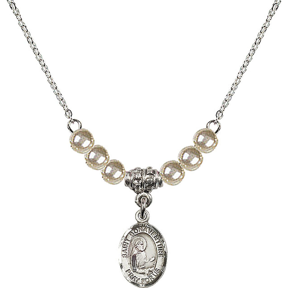 Sterling Silver Saint Bonaventure Birthstone Necklace with Faux-Pearl Beads - 9085
