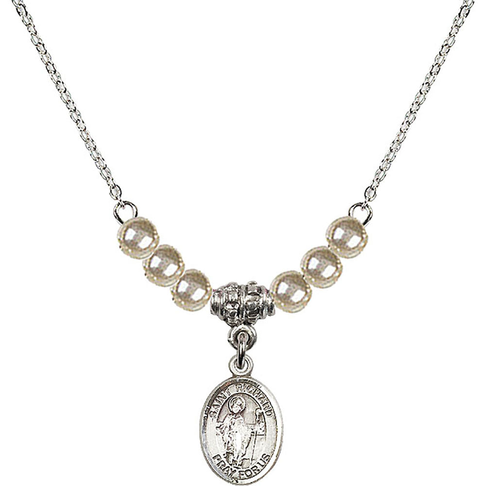 Sterling Silver Saint Richard Birthstone Necklace with Faux-Pearl Beads - 9093