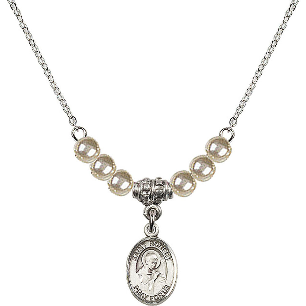 Sterling Silver Saint Robert Bellarmine Birthstone Necklace with Faux-Pearl Beads - 9096