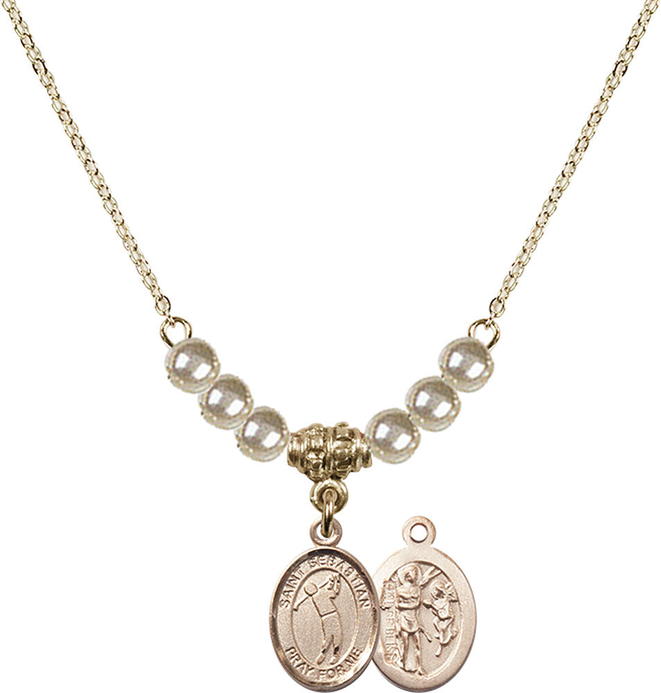 14kt Gold Filled Saint Sebastian/Golf Birthstone Necklace with Faux-Pearl Beads - 9162