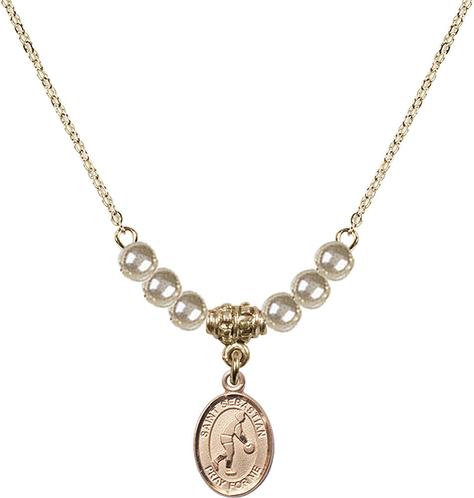 14kt Gold Filled Saint Sebastian/Basketball Birthstone Necklace with Faux-Pearl Beads - 9163