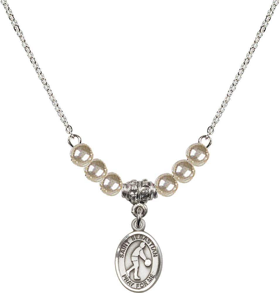 Sterling Silver Saint Sebastian/Basketball Birthstone Necklace with Faux-Pearl Beads - 9163