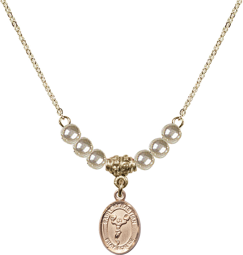 14kt Gold Filled Saint Sebastian/Cheerleading Birthstone Necklace with Faux-Pearl Beads - 9170