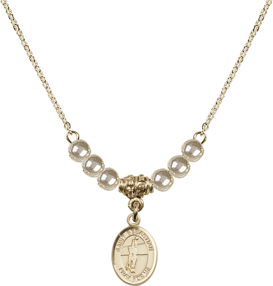 14kt Gold Filled Saint Sebastian / Volleyball Birthstone Necklace with Faux-Pearl Beads - 9186