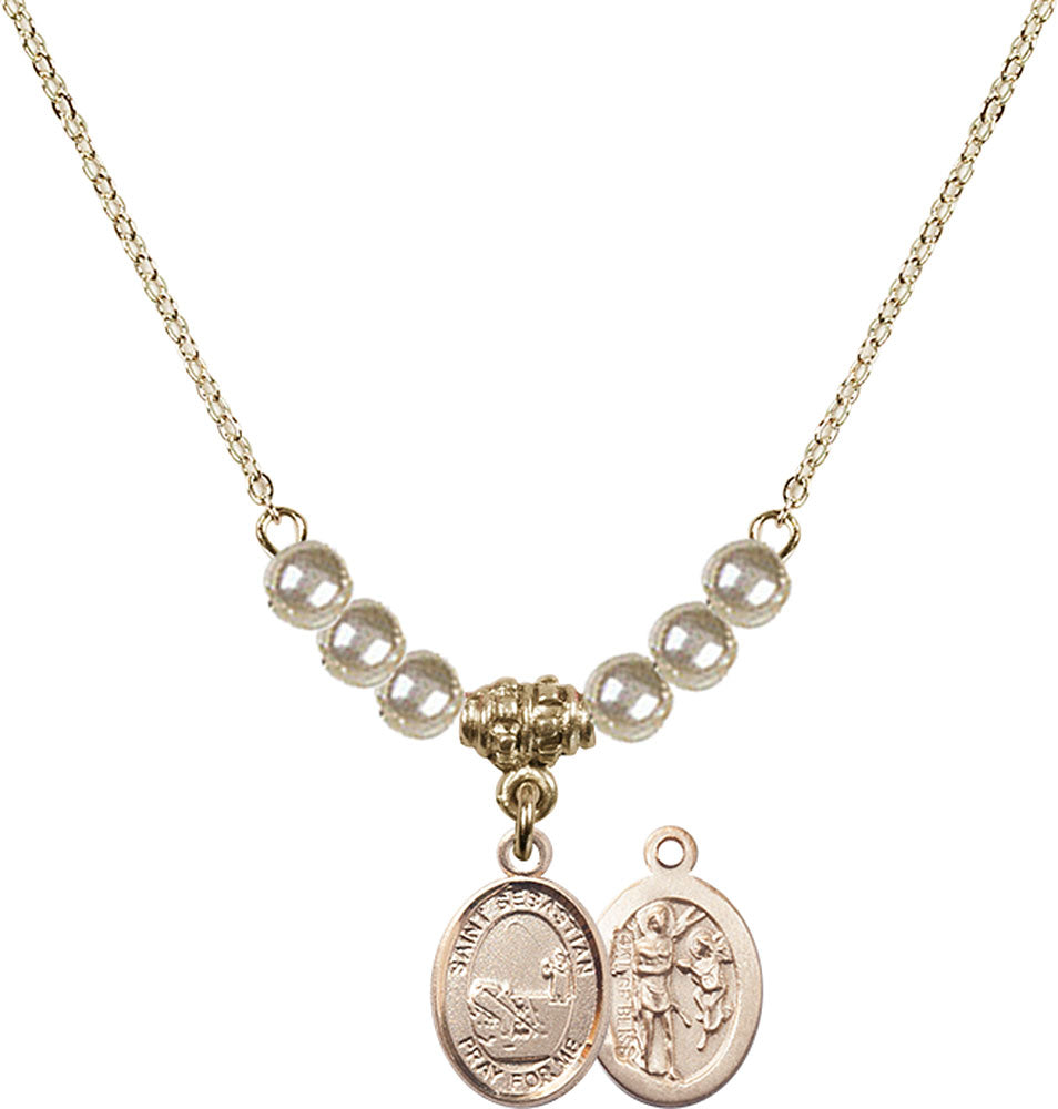14kt Gold Filled Saint Sebastian / Fishing Birthstone Necklace with Faux-Pearl Beads - 9188