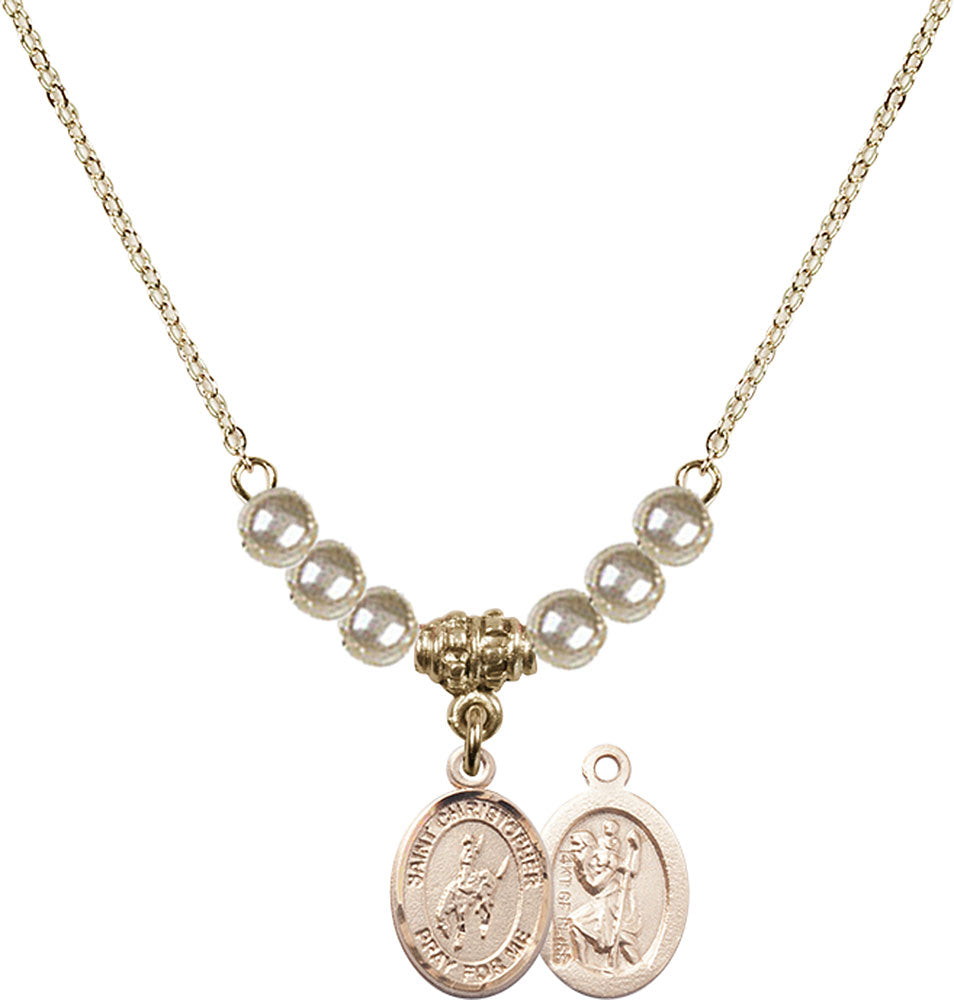 14kt Gold Filled Saint Christopher / Rodeo Birthstone Necklace with Faux-Pearl Beads - 9192