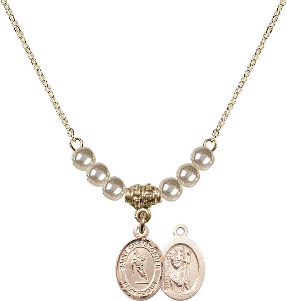 14kt Gold Filled Saint Christopher / Rugby Birthstone Necklace with Faux-Pearl Beads - 9194