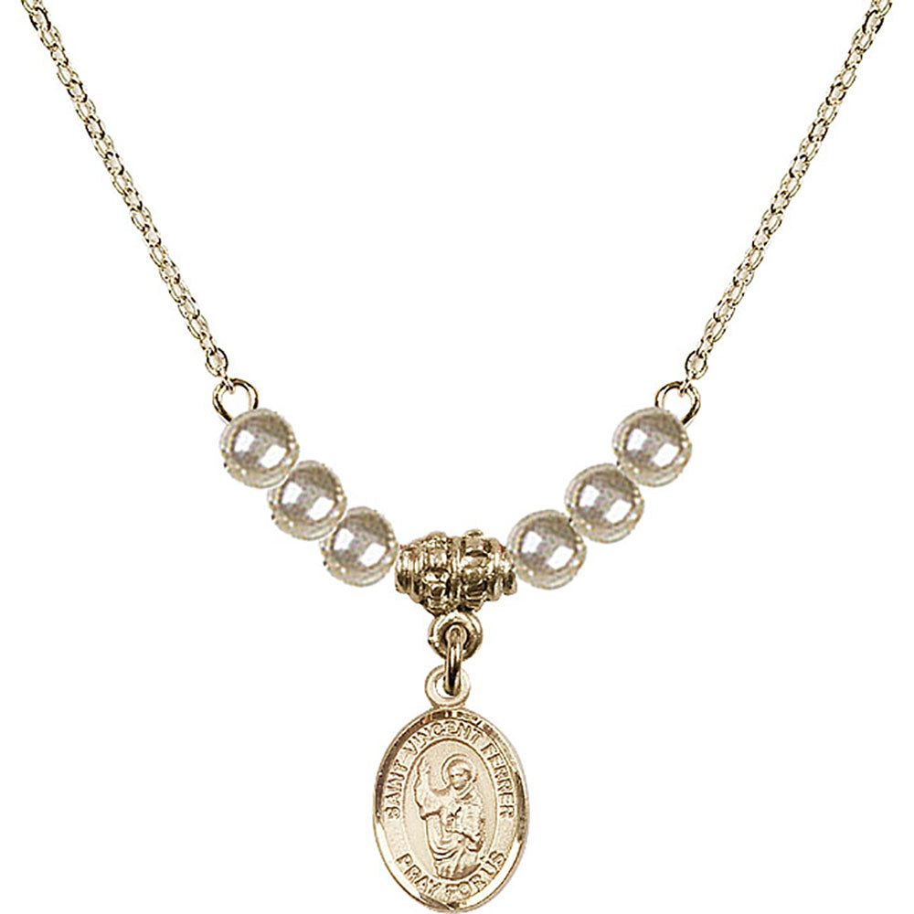 14kt Gold Filled Saint Vincent Ferrer Birthstone Necklace with Faux-Pearl Beads - 9201