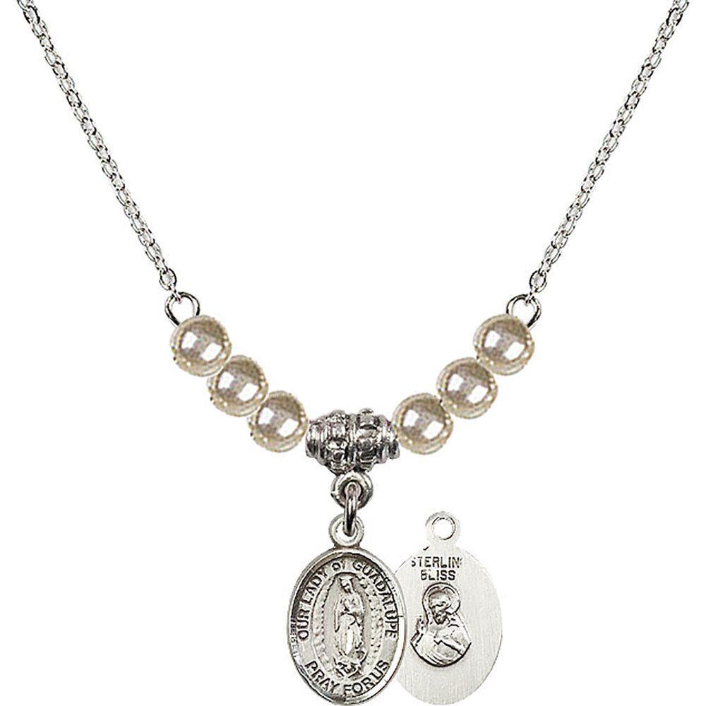 Sterling Silver Our Lady of Guadalupe Birthstone Necklace with Faux-Pearl Beads - 9206