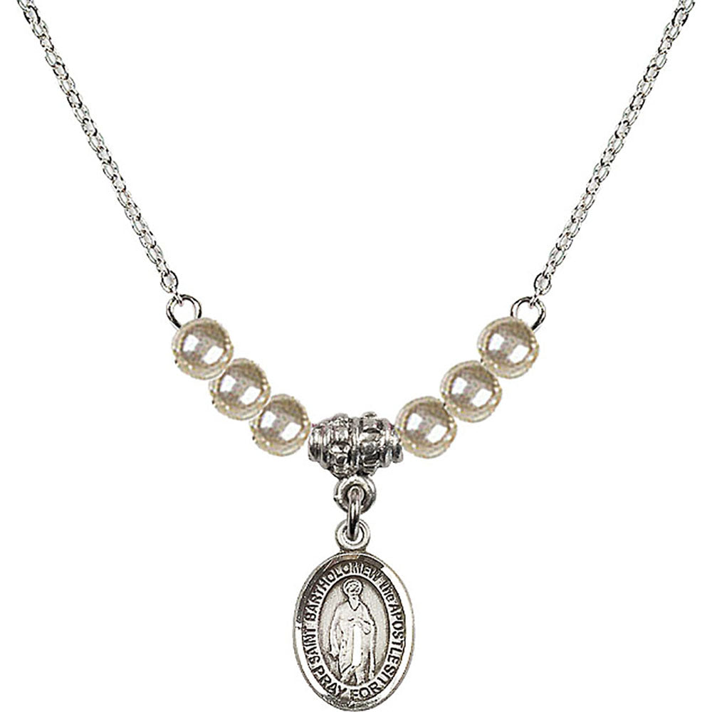 Sterling Silver Saint Bartholomew the Apostle Birthstone Necklace with Faux-Pearl Beads - 9238