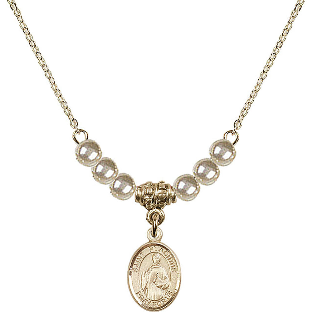 14kt Gold Filled Saint Placidus Birthstone Necklace with Faux-Pearl Beads - 9240