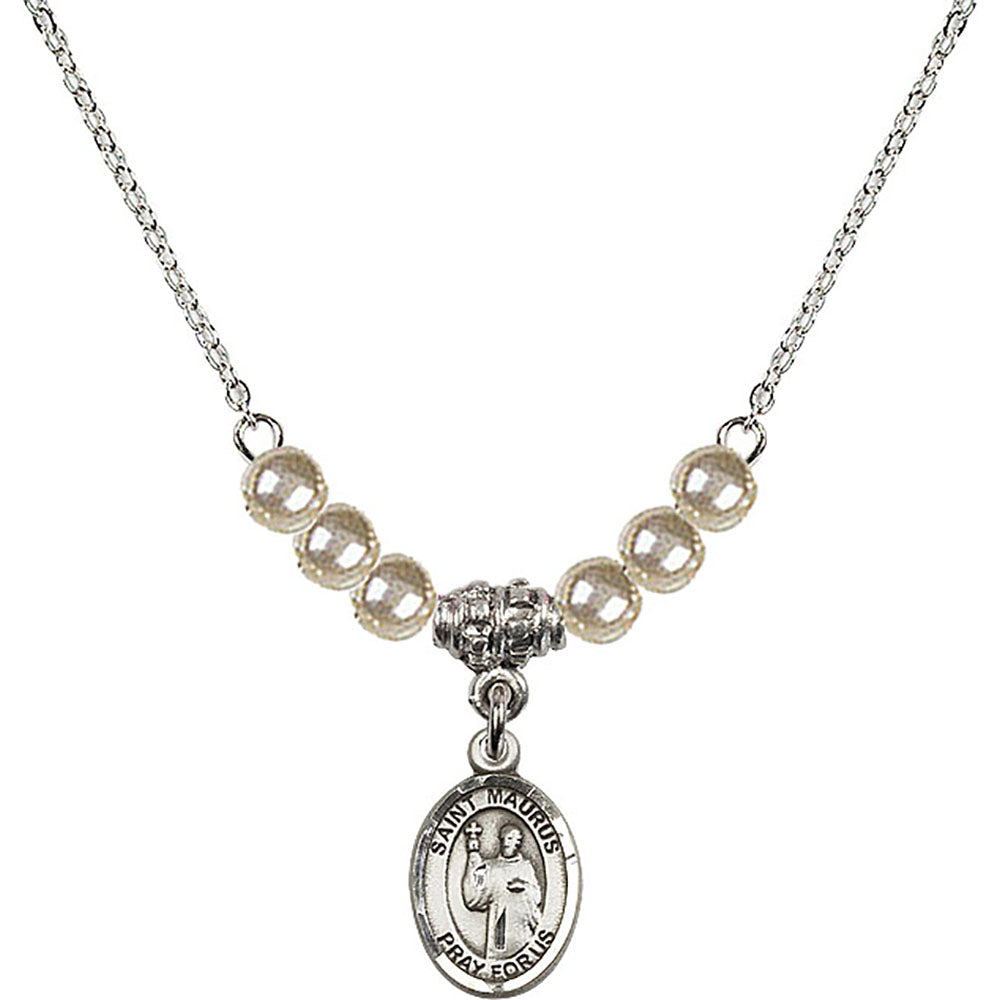 Sterling Silver Saint Maurus Birthstone Necklace with Faux-Pearl Beads - 9241