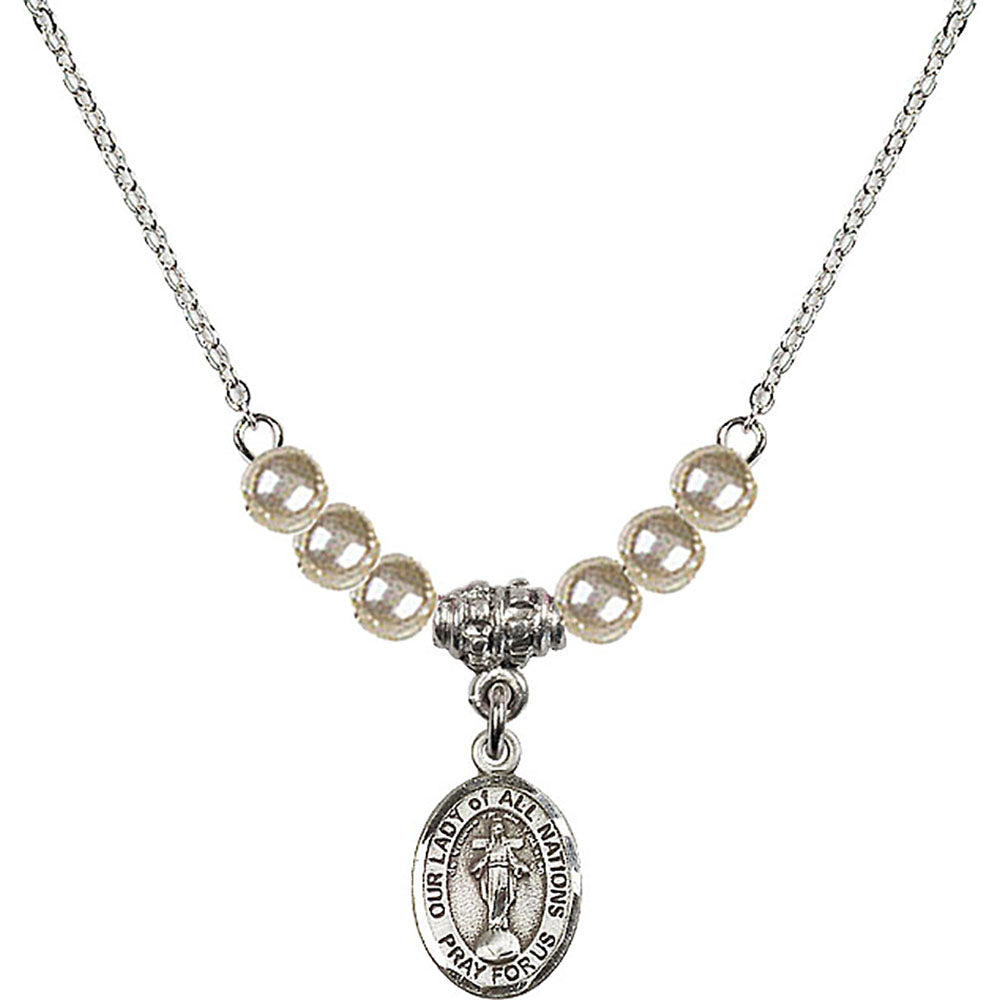Sterling Silver Our Lady of All Nations Birthstone Necklace with Faux-Pearl Beads - 9242