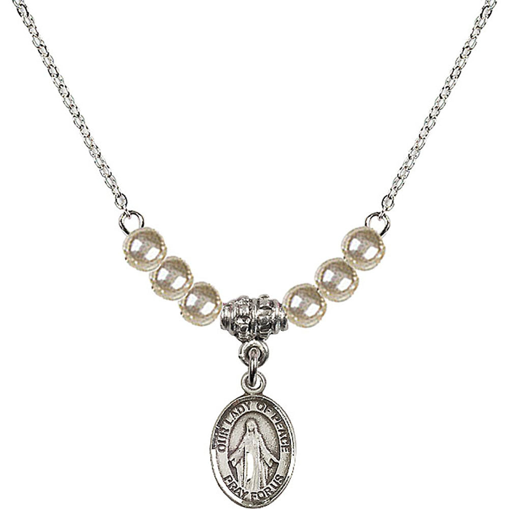 Sterling Silver Our Lady of Peace Birthstone Necklace with Faux-Pearl Beads - 9245