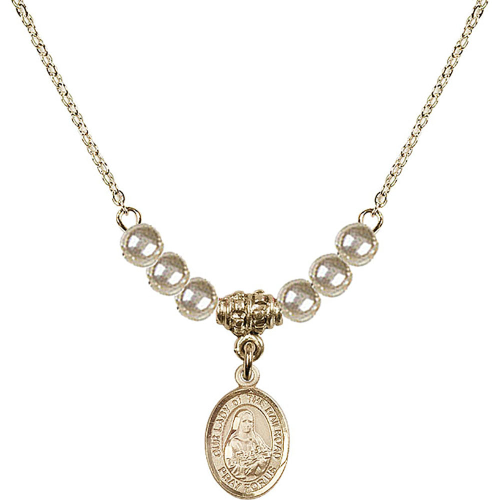 14kt Gold Filled Our Lady of the Railroad Birthstone Necklace with Faux-Pearl Beads - 9247