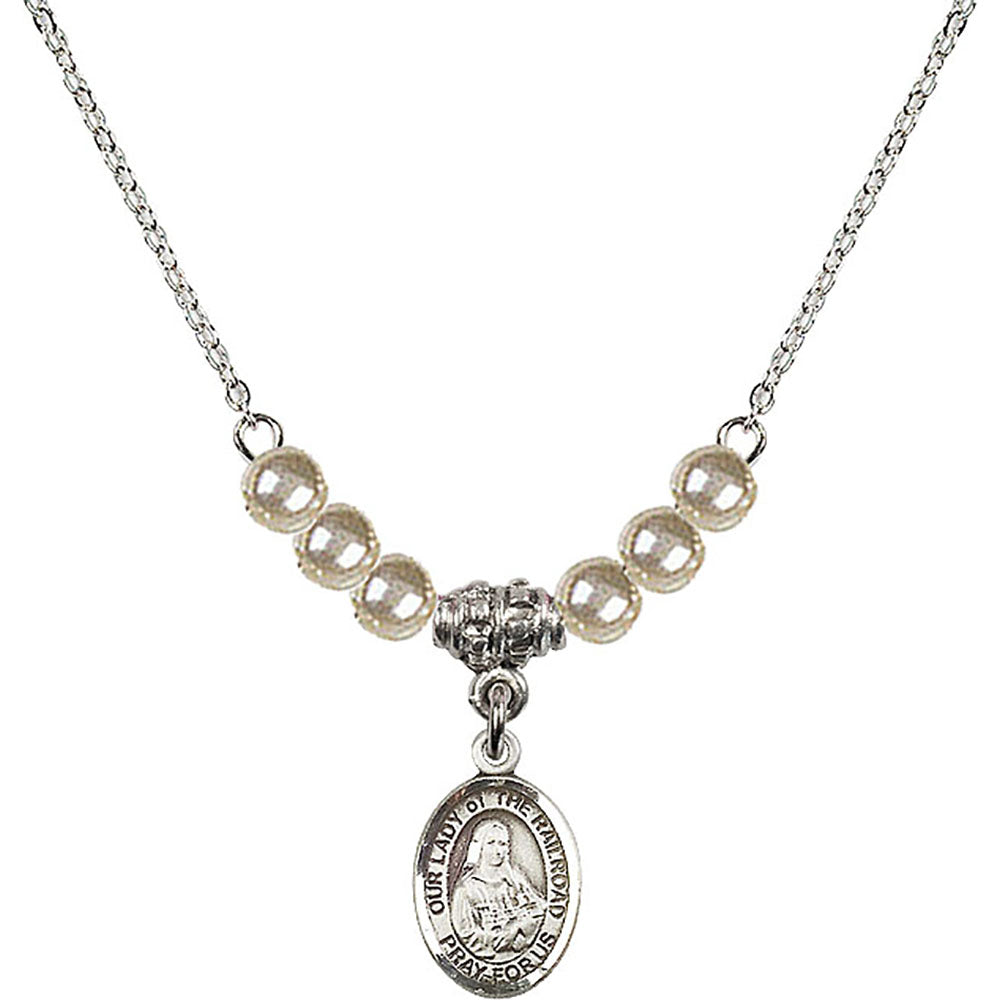 Sterling Silver Our Lady of the Railroad Birthstone Necklace with Faux-Pearl Beads - 9247