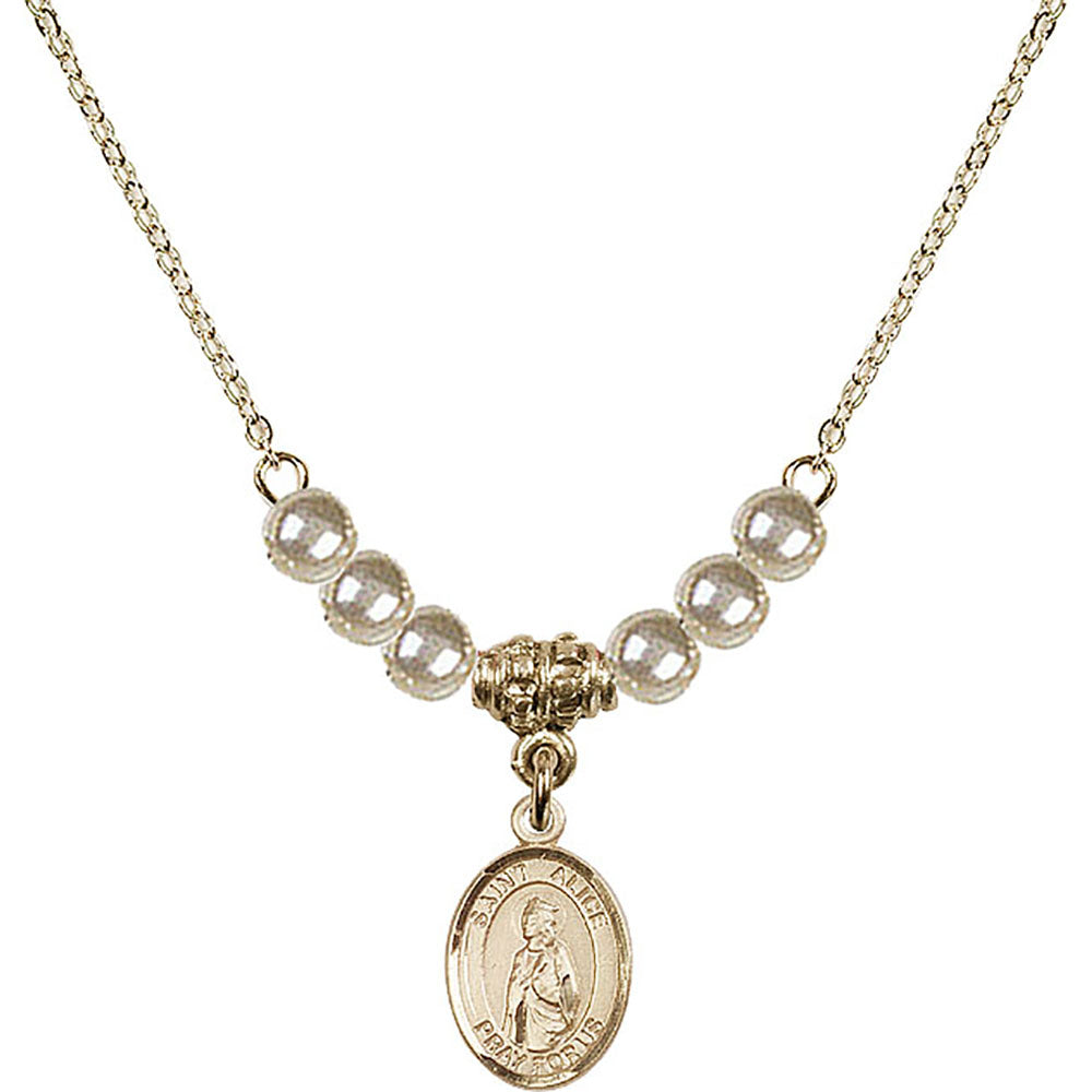 14kt Gold Filled Saint Alice Birthstone Necklace with Faux-Pearl Beads - 9248