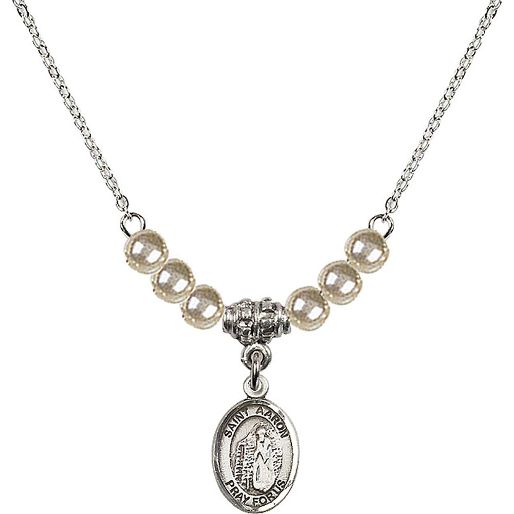 Sterling Silver Saint Aaron Birthstone Necklace with Faux-Pearl Beads - 9254