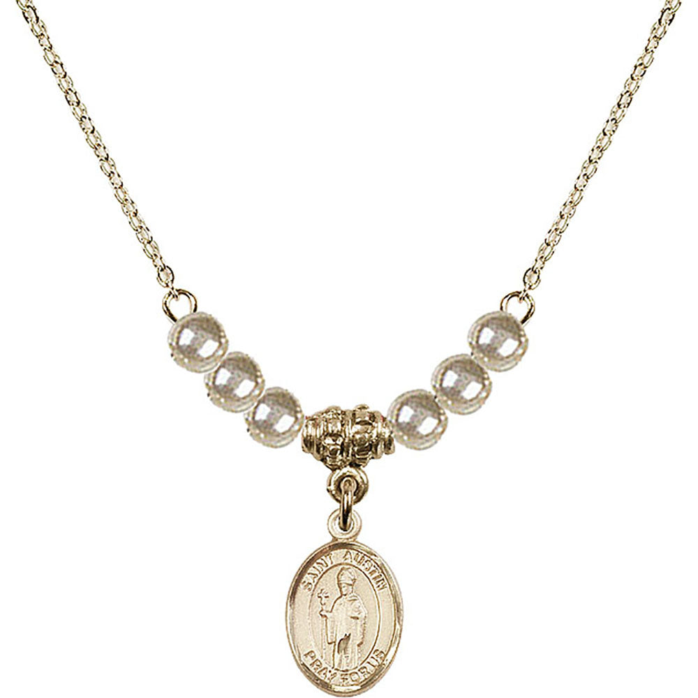 14kt Gold Filled Saint Austin Birthstone Necklace with Faux-Pearl Beads - 9256