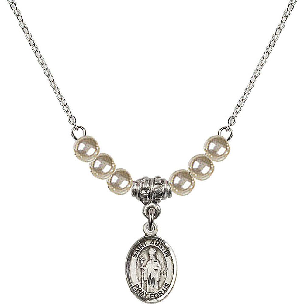 Sterling Silver Saint Austin Birthstone Necklace with Faux-Pearl Beads - 9256