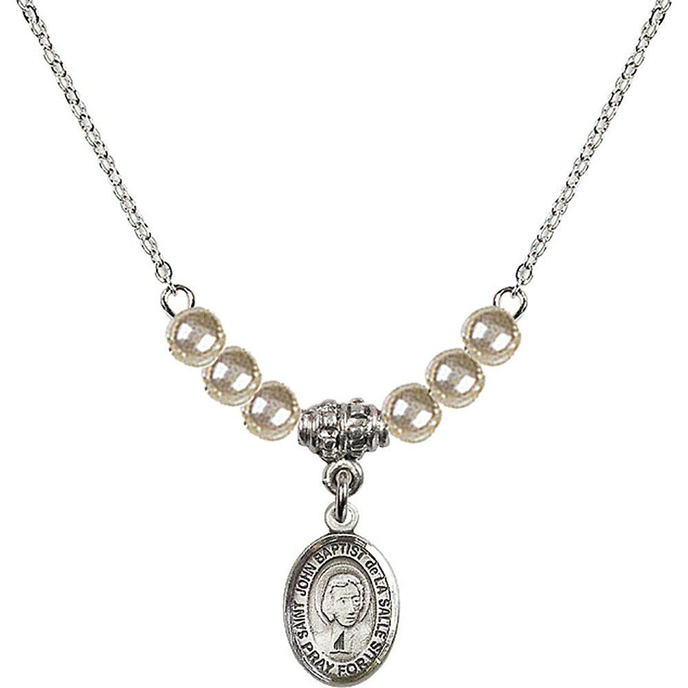 Sterling Silver Saint John Baptist de la Salle Birthstone Necklace with Faux-Pearl Beads - 9262