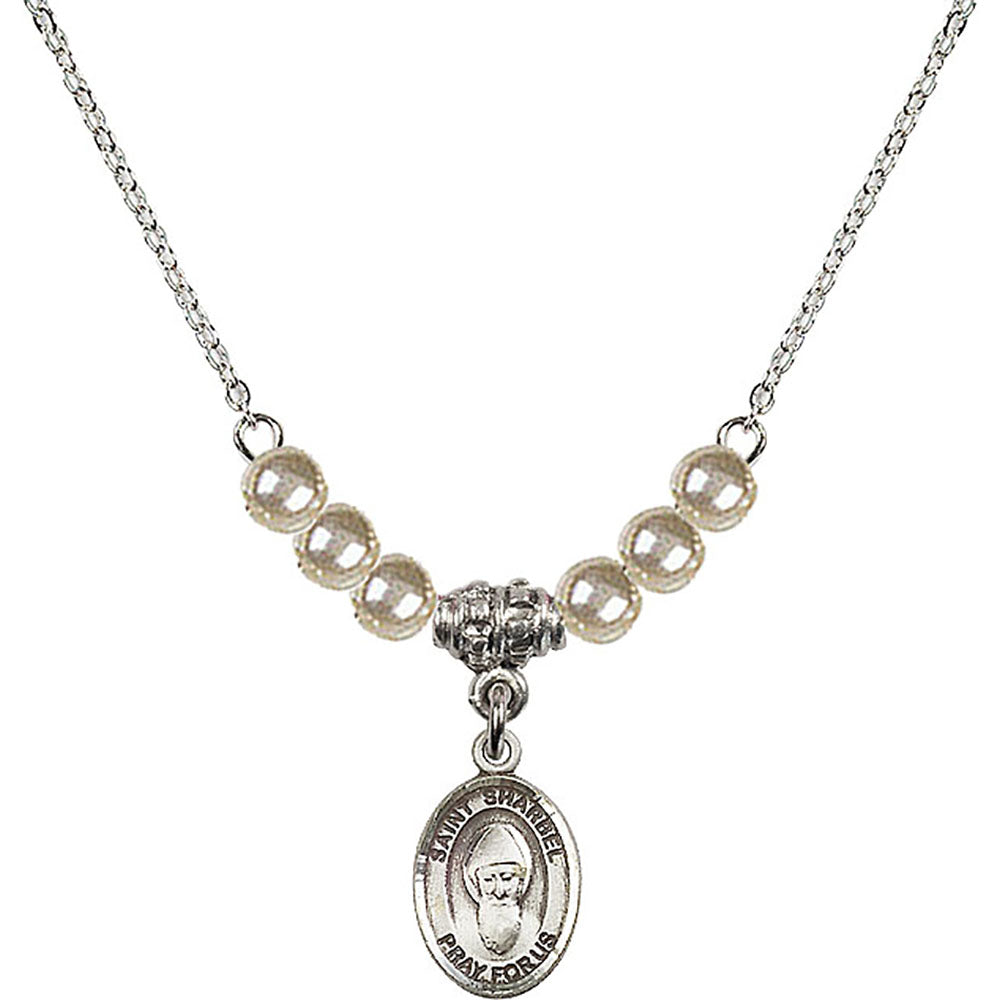 Sterling Silver Saint Sharbel Birthstone Necklace with Faux-Pearl Beads - 9271
