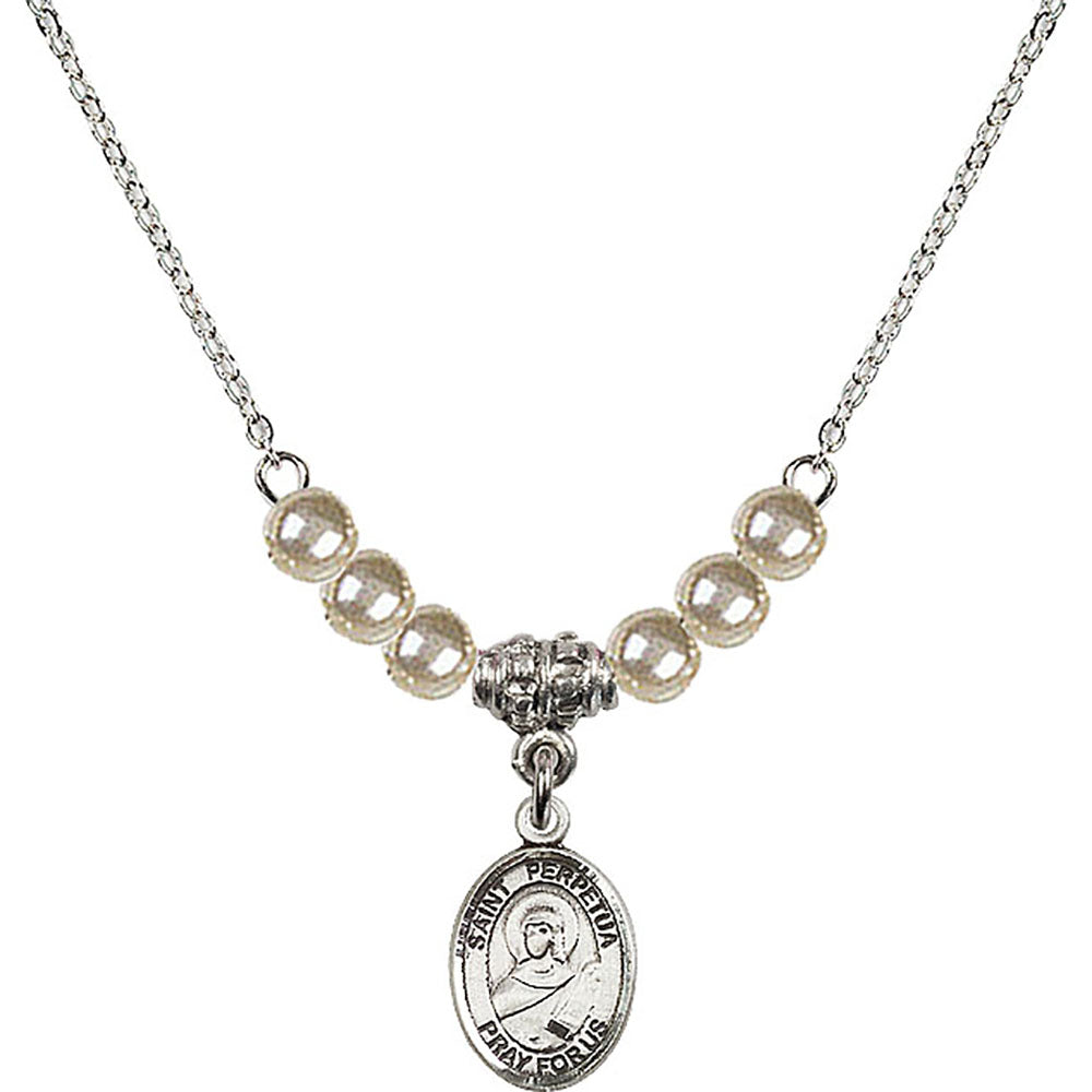 Sterling Silver Saint Perpetua Birthstone Necklace with Faux-Pearl Beads - 9272