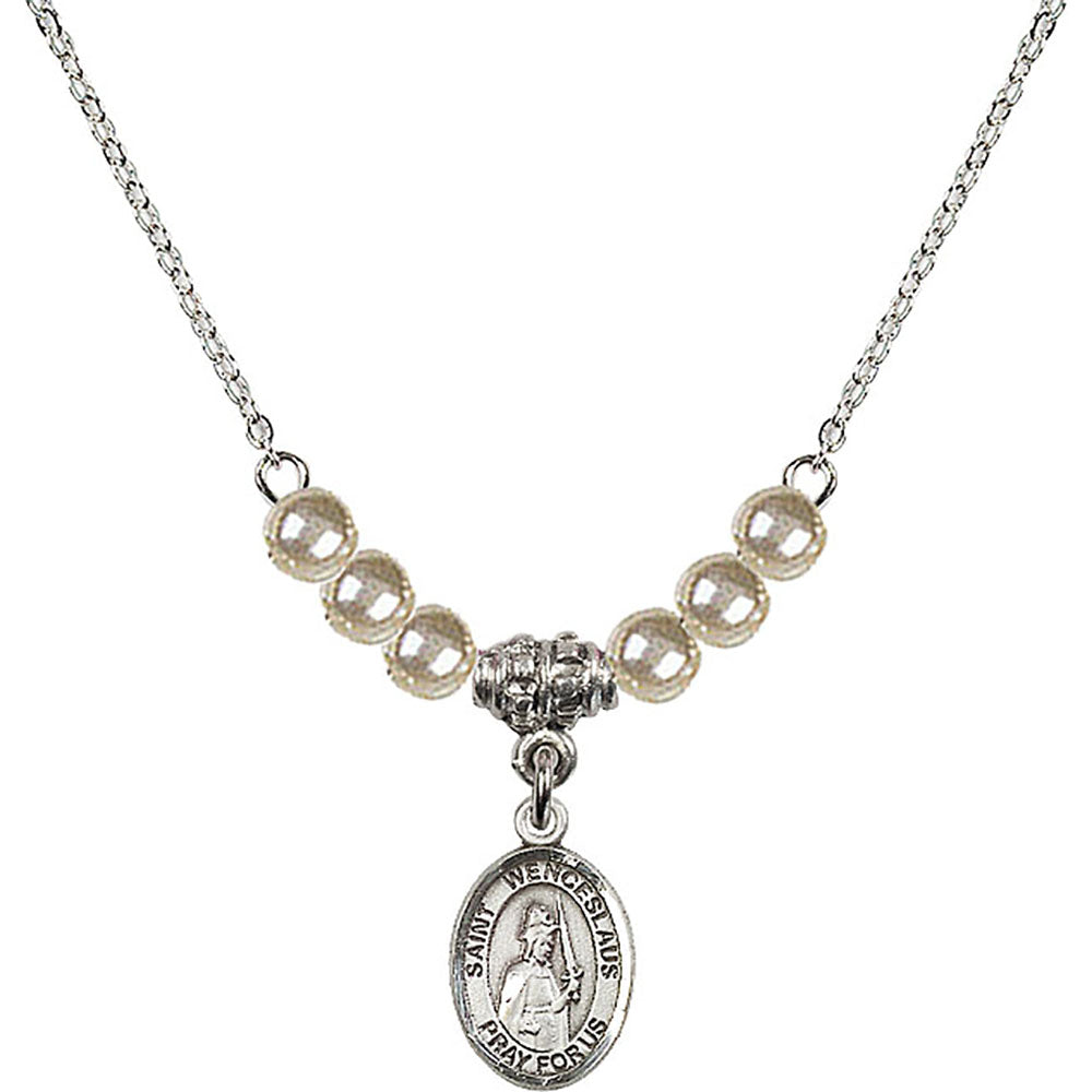Sterling Silver Saint Wenceslaus Birthstone Necklace with Faux-Pearl Beads - 9273