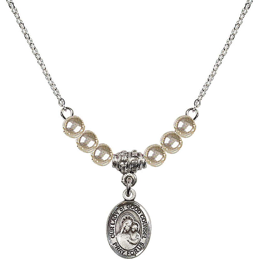 Sterling Silver Our Lady of Good Counsel Birthstone Necklace with Faux-Pearl Beads - 9287