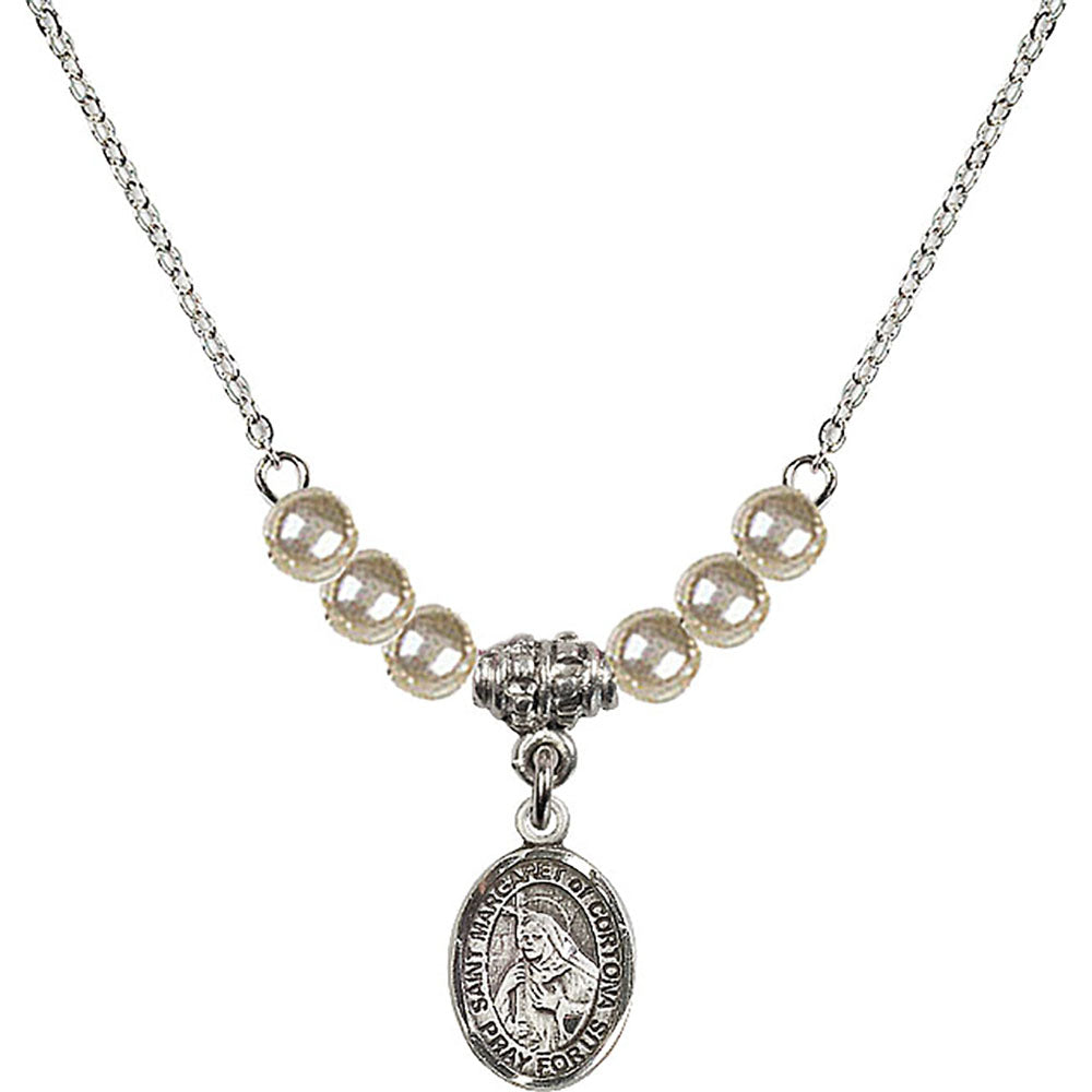 Sterling Silver Saint Margaret of Cortona Birthstone Necklace with Faux-Pearl Beads - 9301