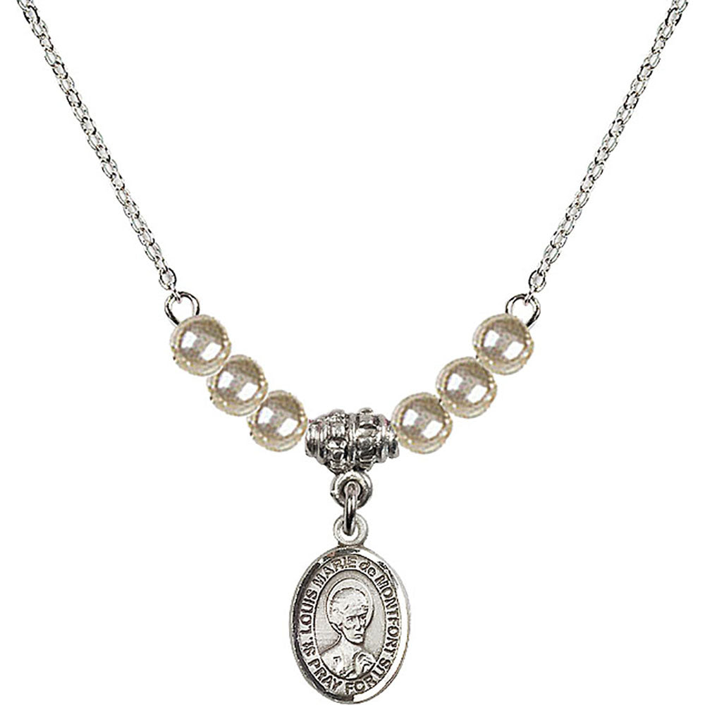 Sterling Silver Saint Louis Marie de Montfort Birthstone Necklace with Faux-Pearl Beads - 9330