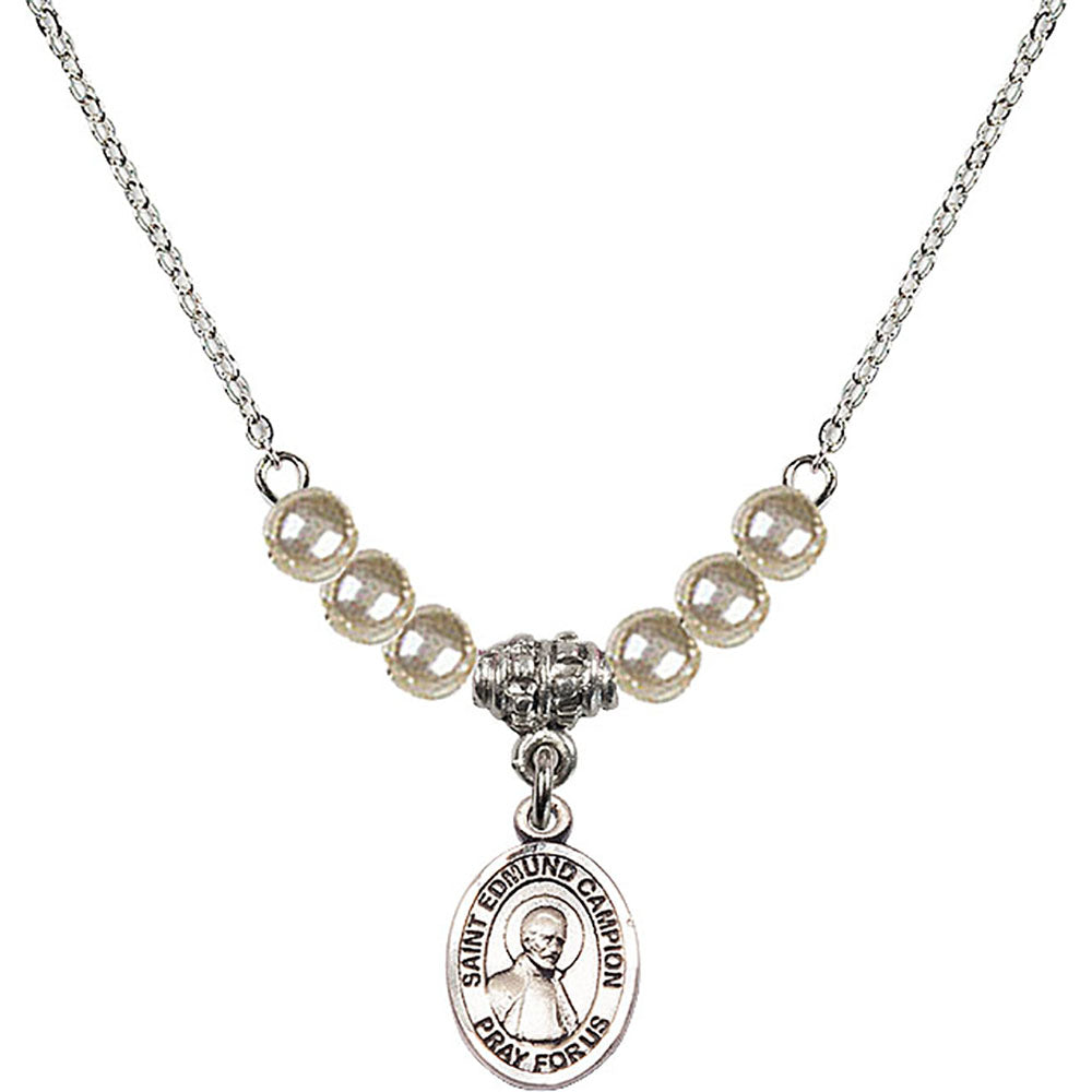 Sterling Silver Saint Edmund Campion Birthstone Necklace with Faux-Pearl Beads - 9333