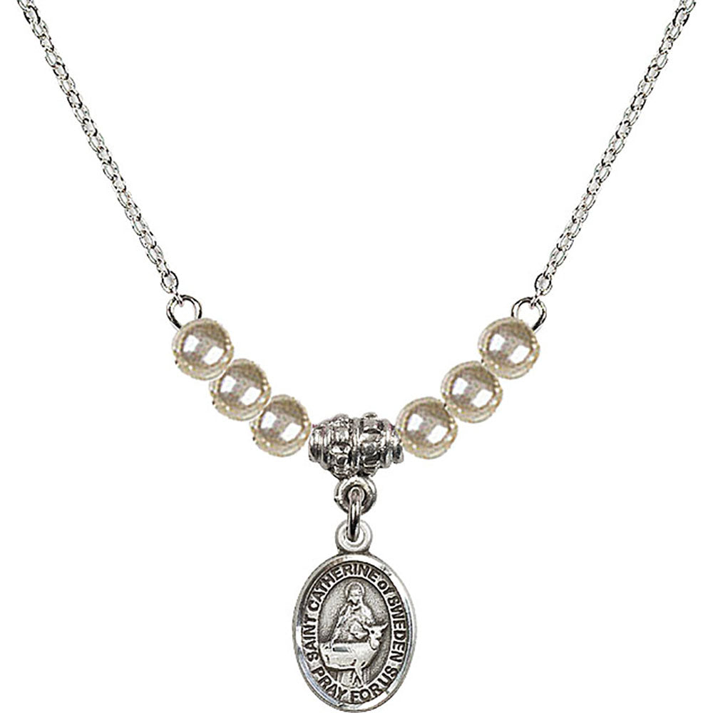 Sterling Silver Saint Catherine of Sweden Birthstone Necklace with Faux-Pearl Beads - 9336